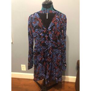 🧺Free People Floral Long Sleeves Baby Doll Black & Blue Dress, size 0